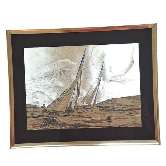 Vintage Dufex‎ Foil Art Prints Sailing Ships Framed Gold Black Pair 10 X 8 each - Picture 14 of 14